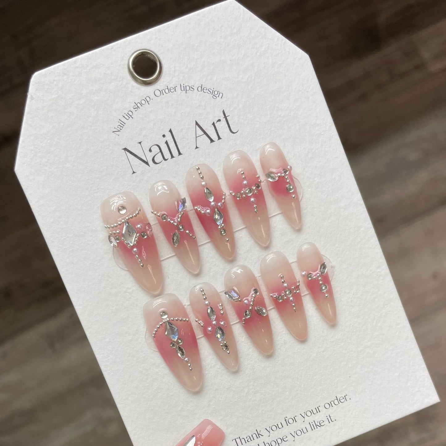 Pink Cheek with Diamond Handmade Nails