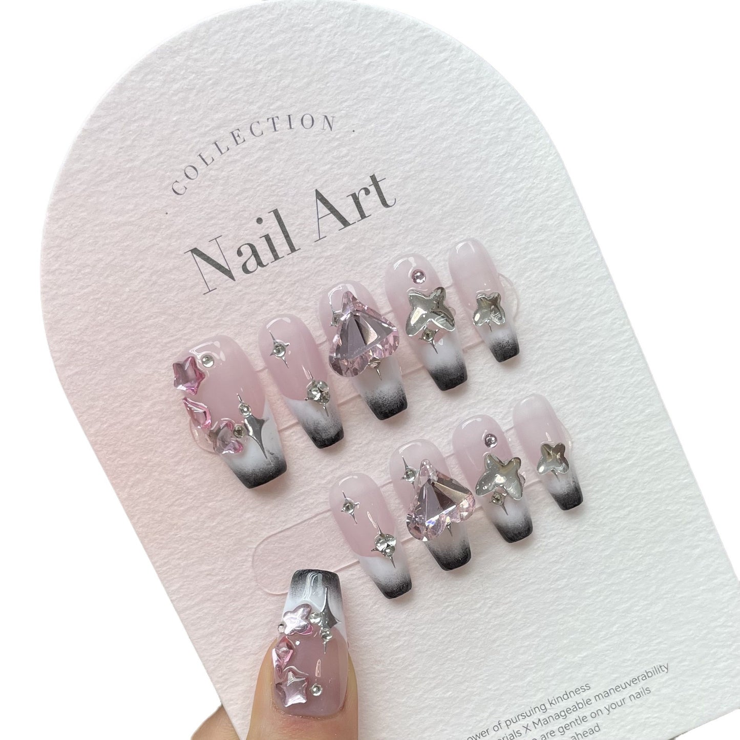 Black PInk Diamond Star Handmade Nails