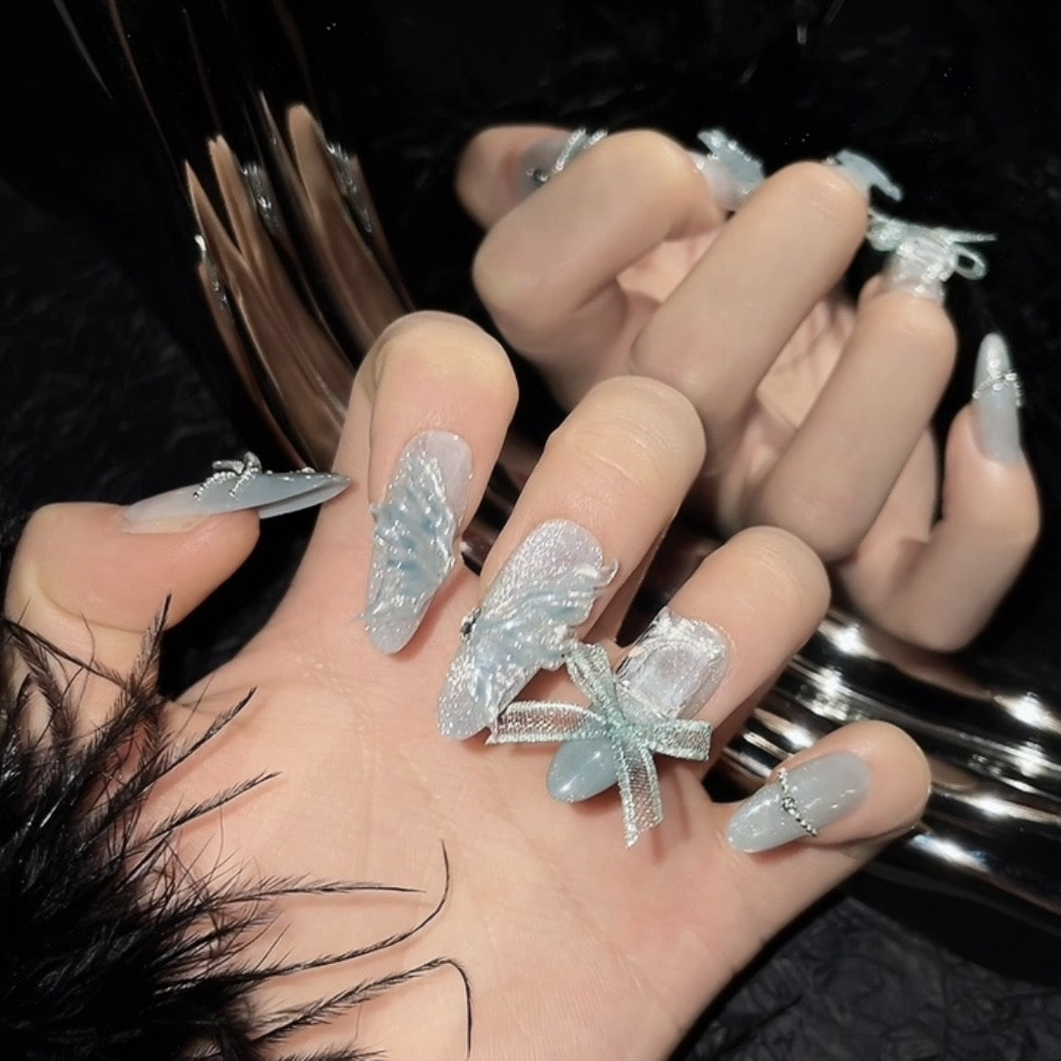 Embossed Butterfly With Diamond Handmade Nails