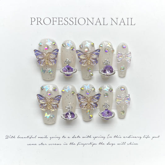 Light Luxury Purple Flash Stereo Butterfly Planet Handmade Nails