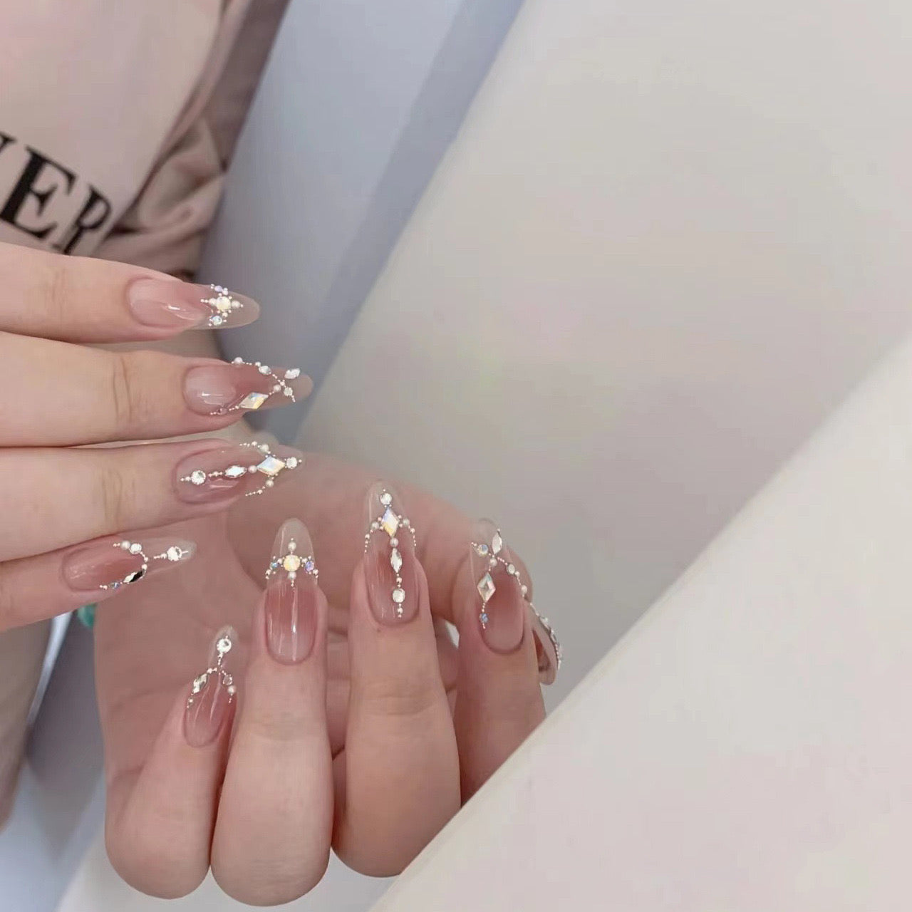 Pink Cheek with Diamond Handmade Nails