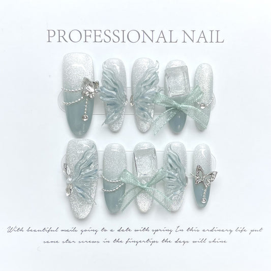 Embossed Butterfly With Diamond Handmade Nails