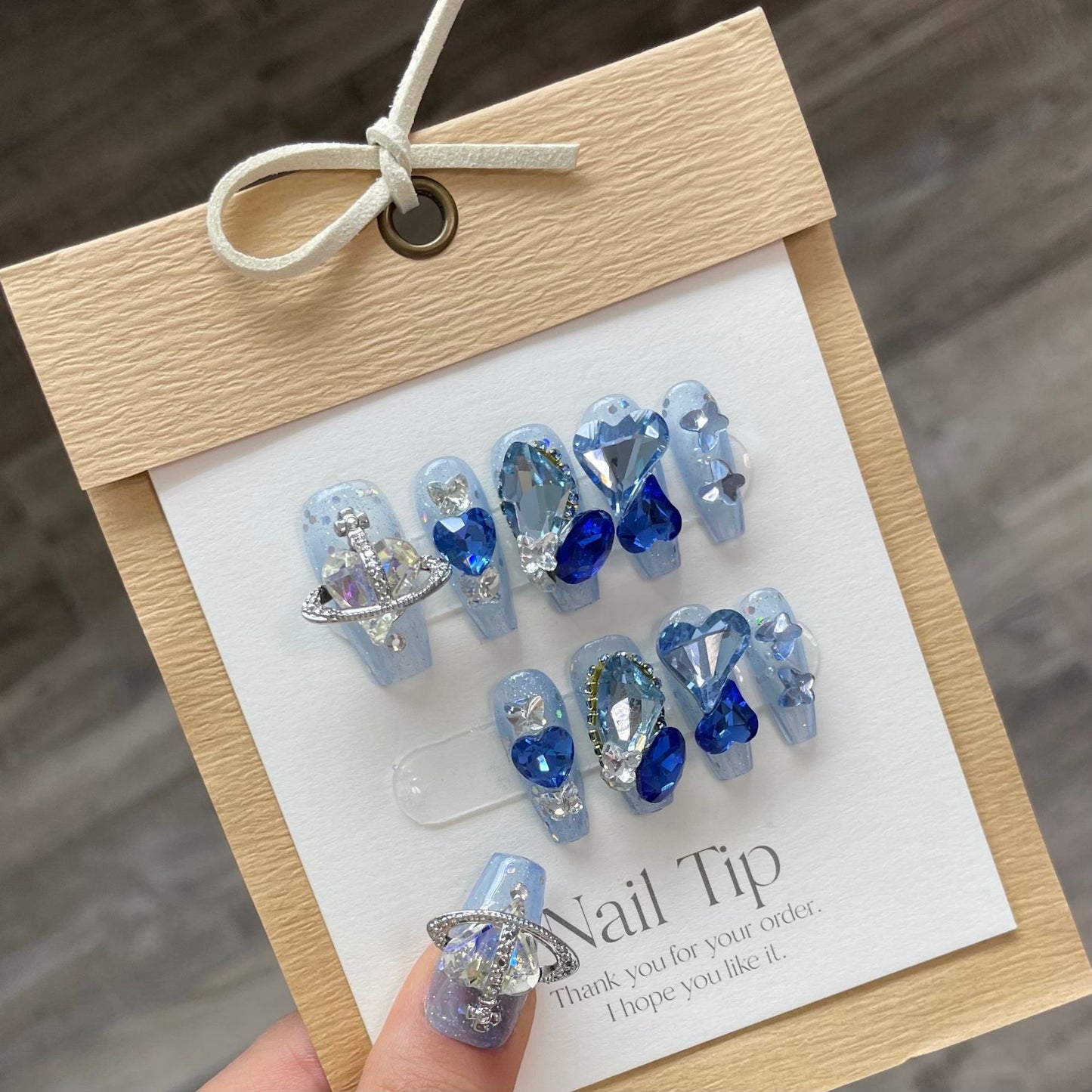 Blue Diamond Heart Handmade Nails